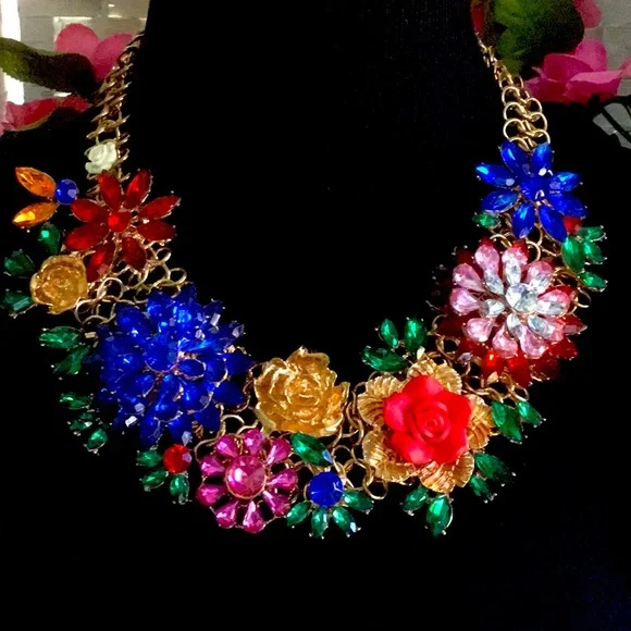Floral Rhinestone Blue Red Pink Statement Necklace Flower Crystal Multicolor New - Picture 4 of 9